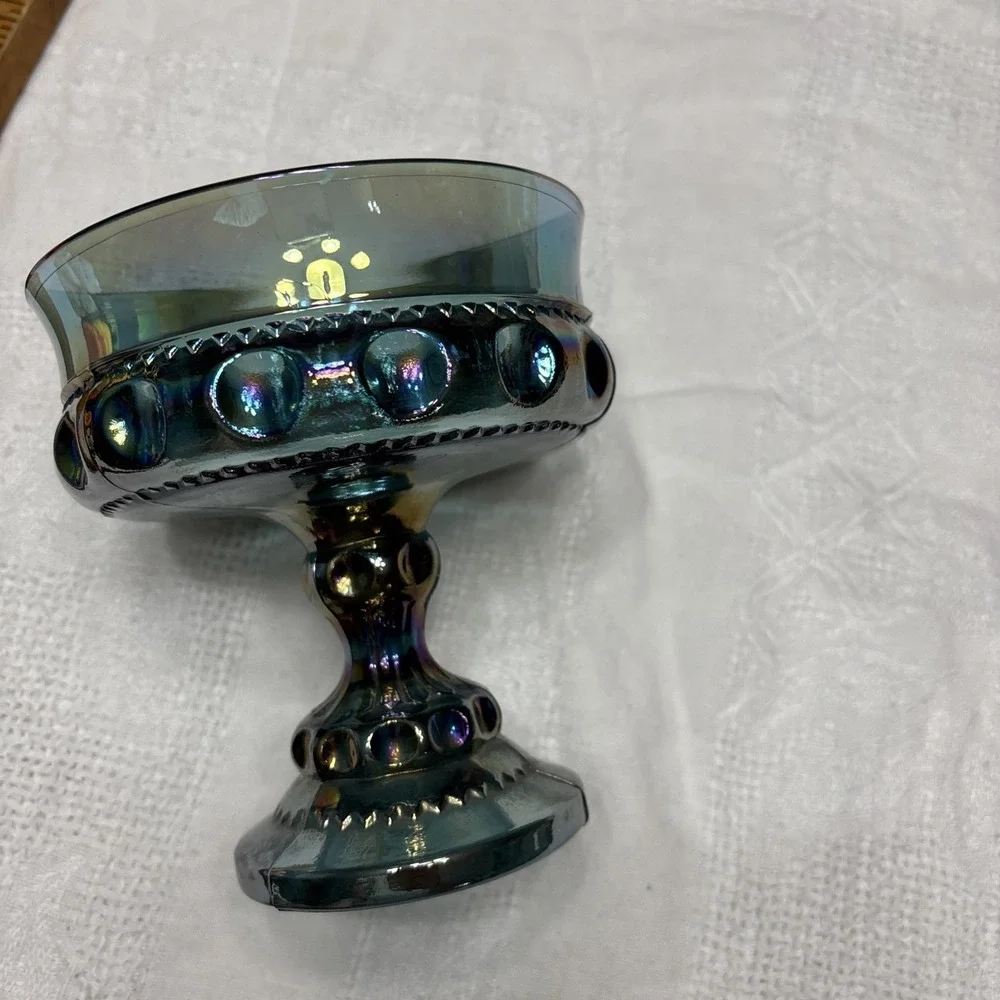 Vintage Indiana Blue Iridescent Carnival‎ Glass Kings Crown Thumbprint Compote